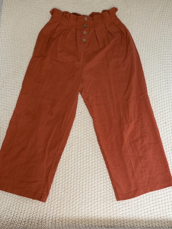 iris Pants - IRIS Burnt Orange Elastic Paperbag Waist Pants with Brown Faux Buttons Wide Leg